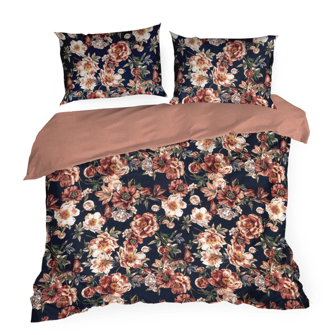 Saténové povlečení 220x200 cm s květinovým vzorem, černé a cihlové