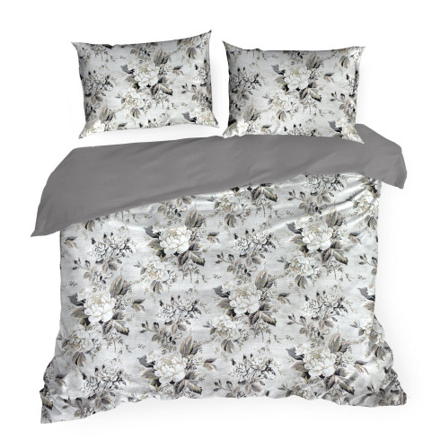 Obliečky 220x200 cm saténové s kvetinovým vzorom, strieborné a olivové