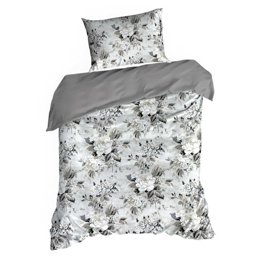 Saténové povlečení 220x200 cm s květinovým vzorem, stříbrné a olivové