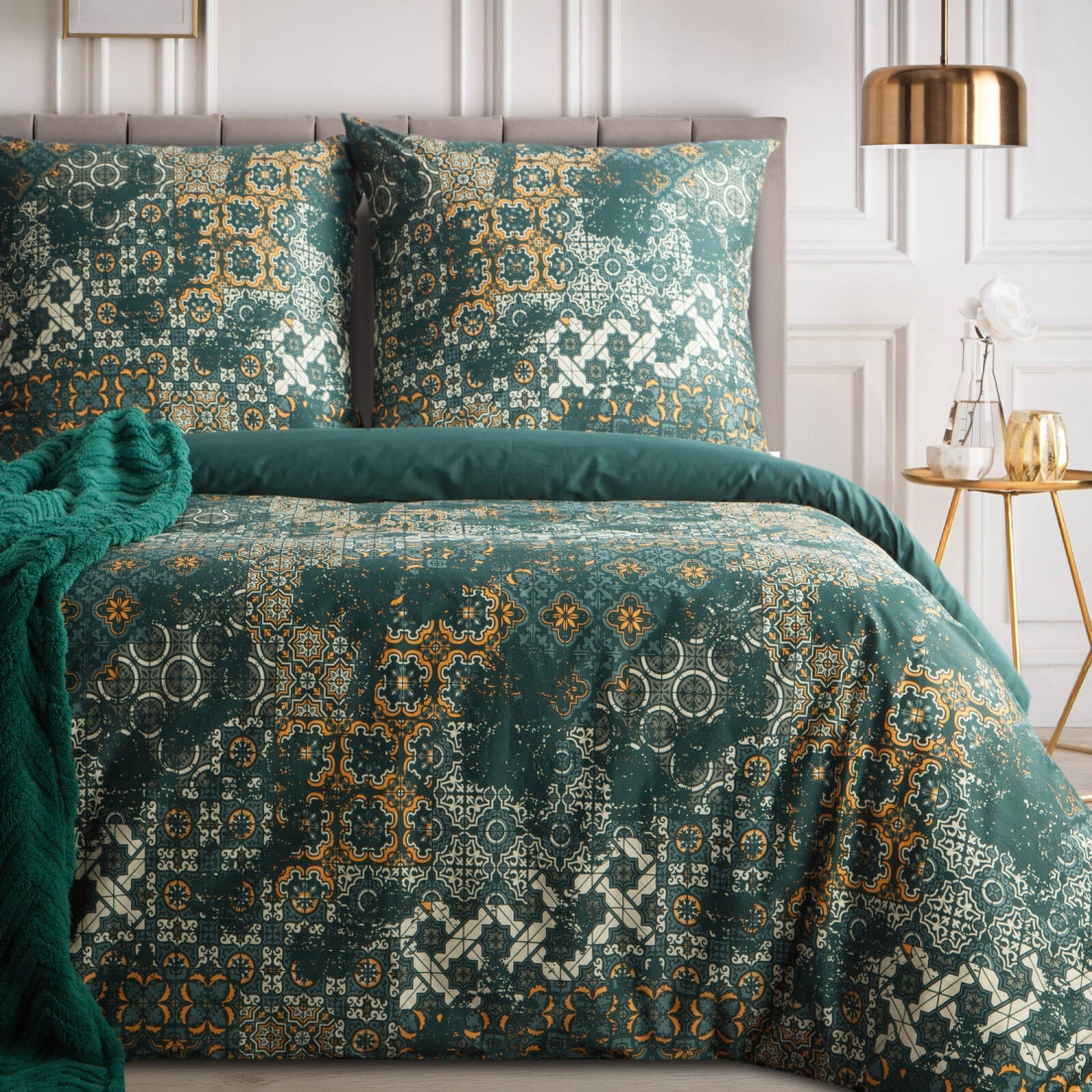 Saténové povlečení 220x200 cm s mozaikovým vzorem, tmavě zelené a zlaté