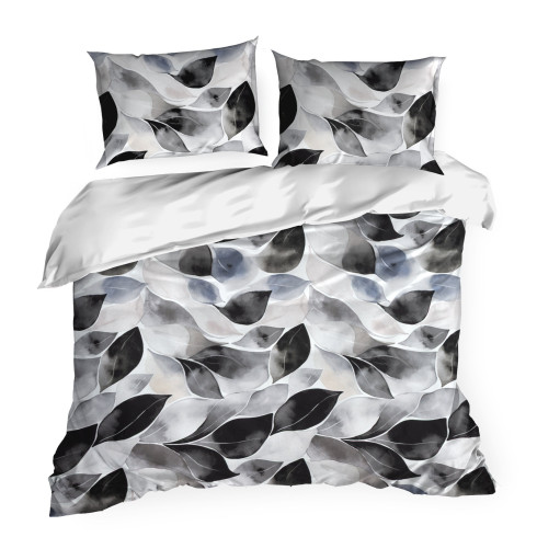 Obliečky 220x200 cm saténové s rastlinným motívom, biele a grafitové
