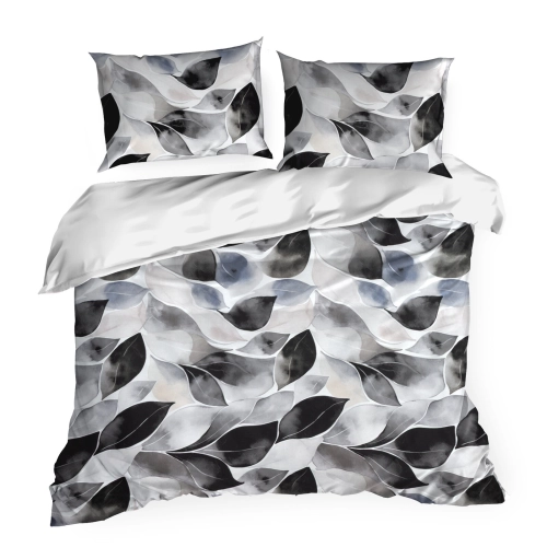 Obliečky 220x200 cm saténové s rastlinným motívom, biele a grafitové