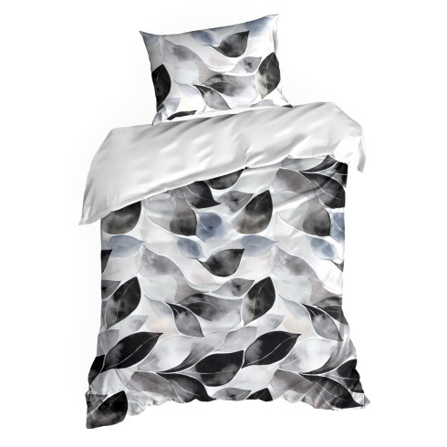 Obliečky 220x200 cm saténové s rastlinným motívom, biele a grafitové