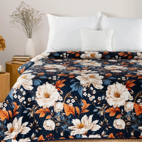 Prehoz 170x210 cm s kvetinovým vzorom, tmavomodrý a oranžový