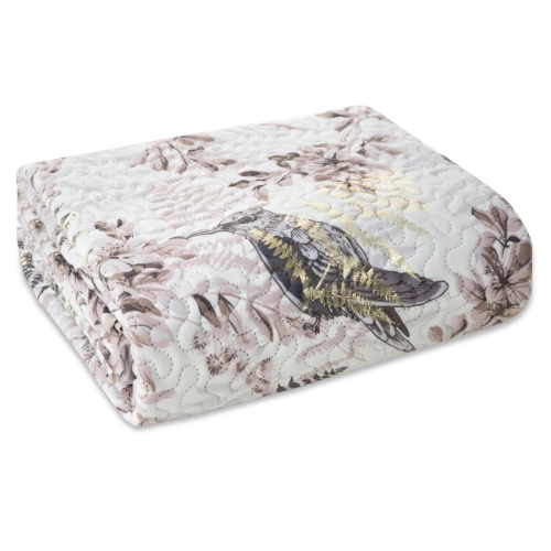 Prehoz 170x210 cm velúrový s vtáčím motívom, biely a béžový