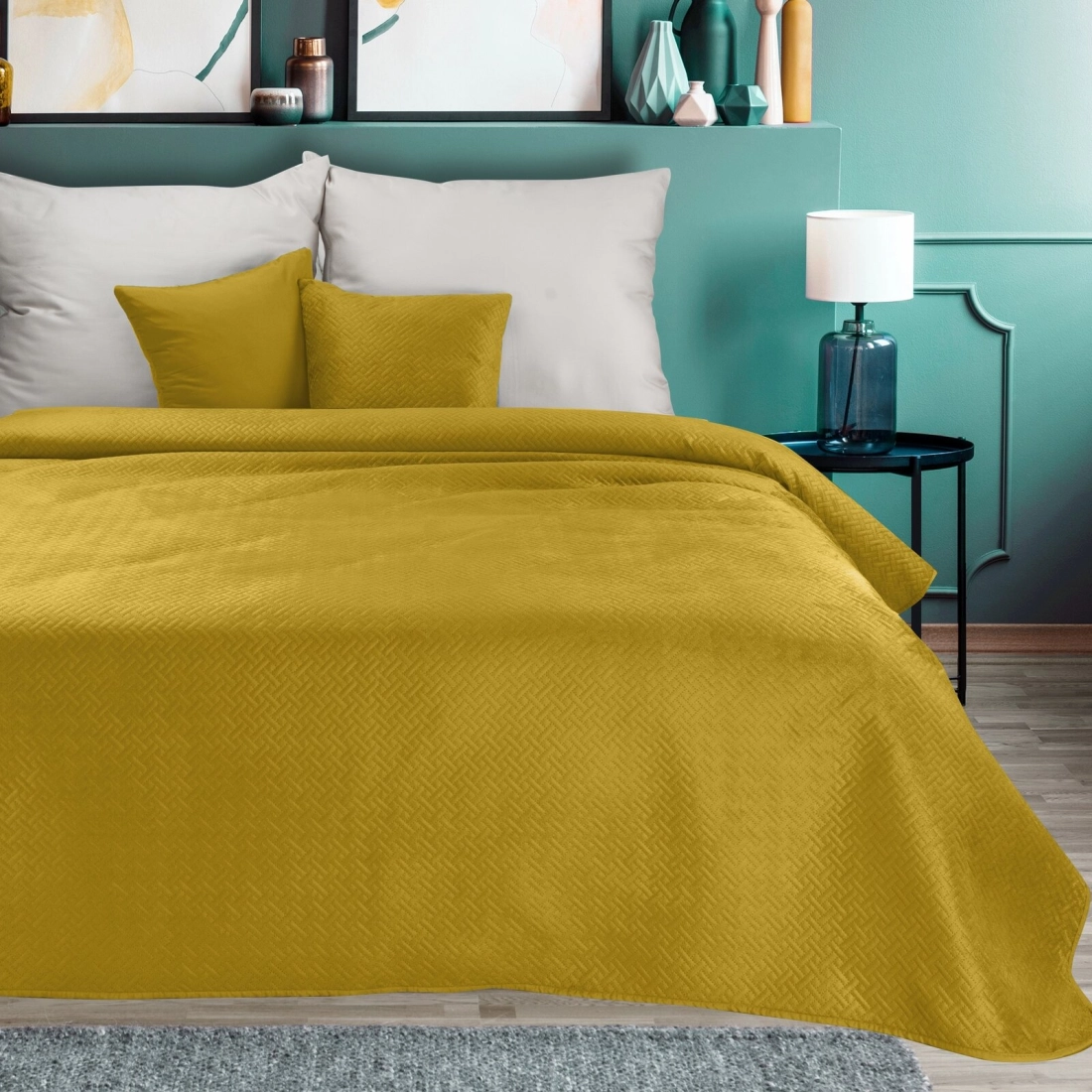 Prehoz 200x220 cm prešívaný s geometrickým vzorom, horčicový