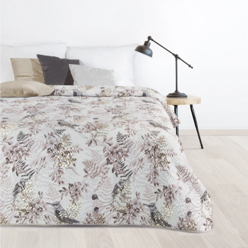 Prehoz 200x220 cm velúrový s vtáčím motívom, biely a béžový