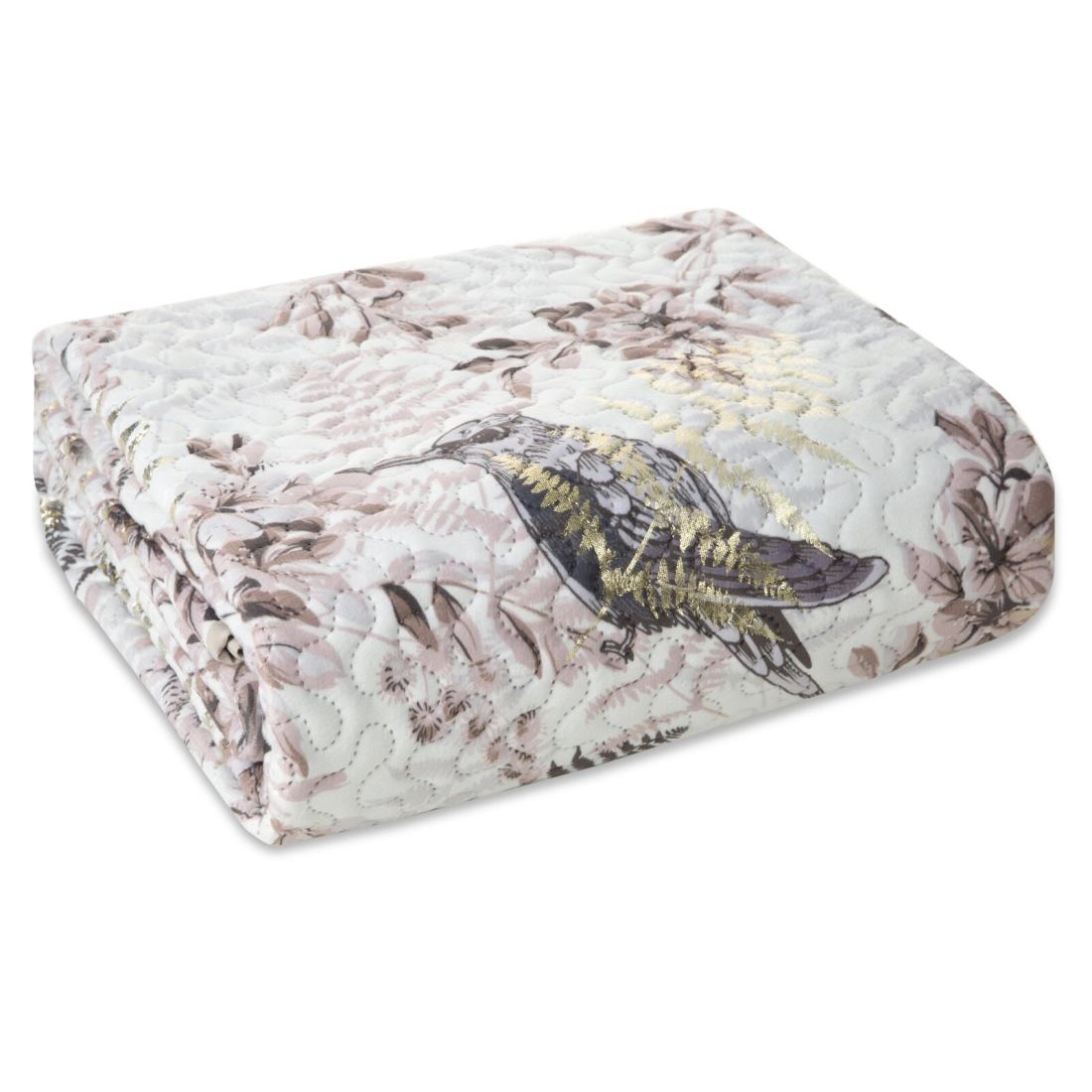 Prehoz 200x220 cm velúrový s vtáčím motívom, biely a béžový