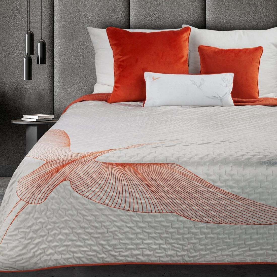 Prehoz 220x240 cm s motívom vtáka, biely a oranžový