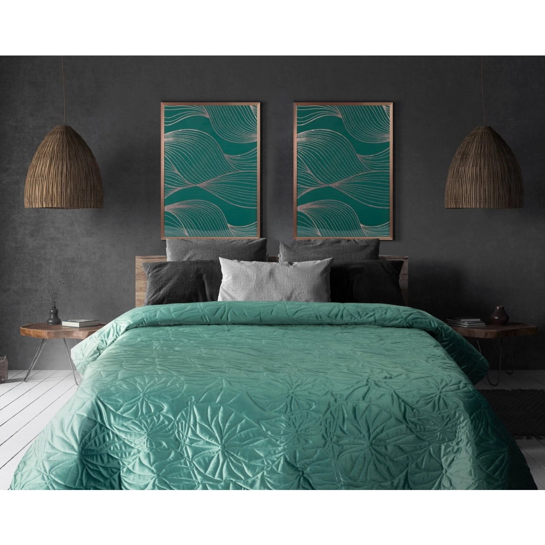 Prehoz 280x260 cm velúrový s rastlinným vzorom, šalviový