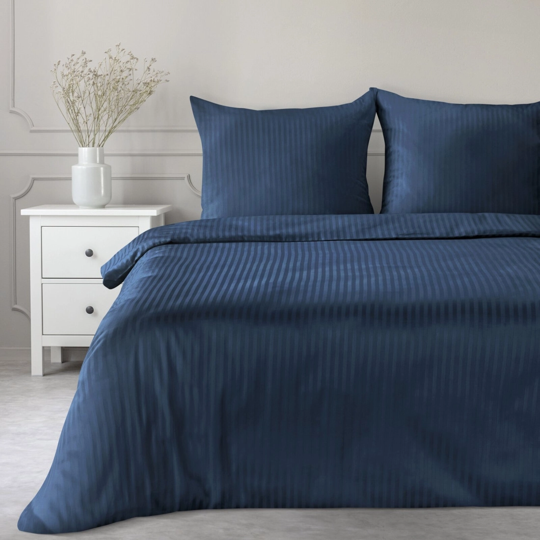 Set obliečok 220x200 cm saténové prúžkované tmavomodré