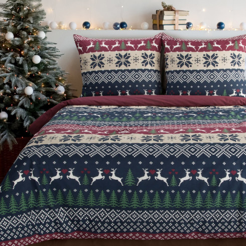 Vianočné obliečky 140x200 cm bavlnené renforcé, tmavomodré a bordové