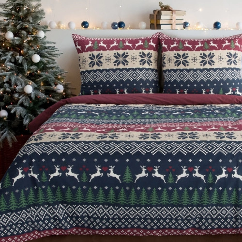 Vianočné obliečky 140x200 cm bavlnené renforcé, tmavomodré a bordové