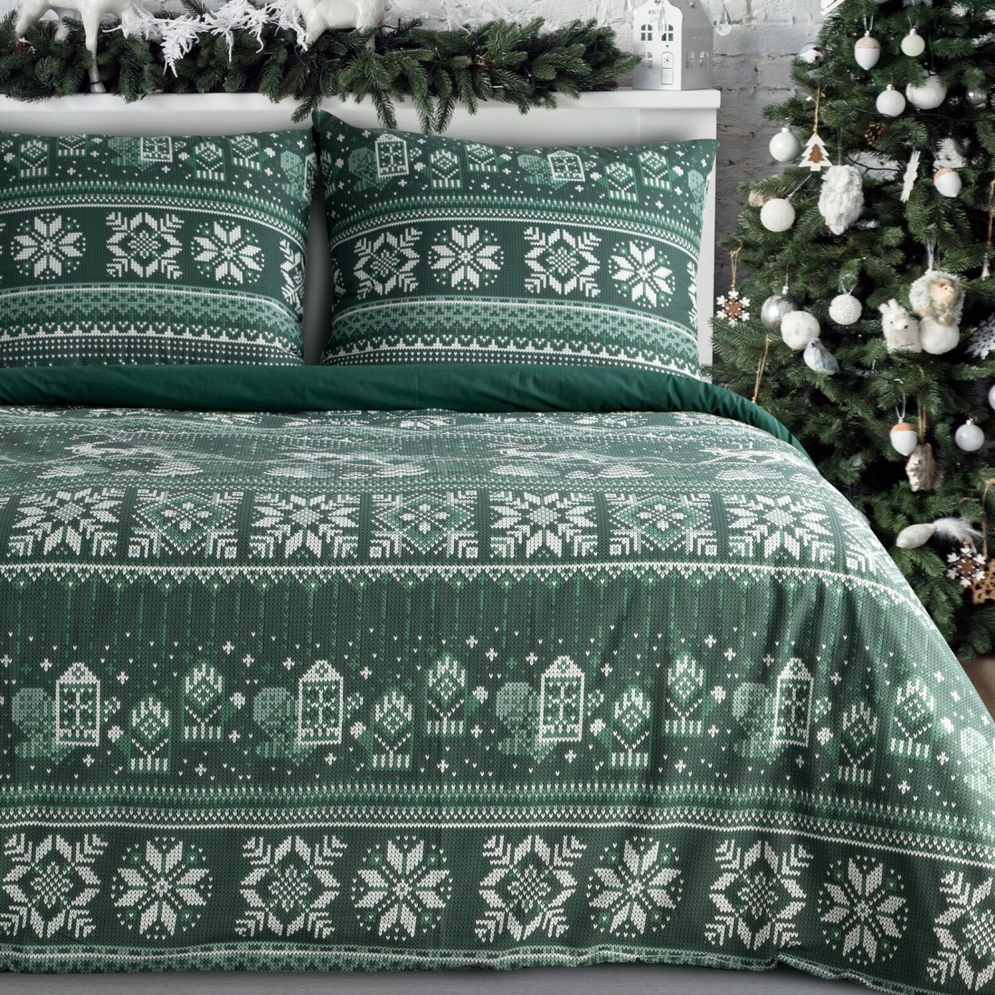 Vianočné obliečky 140x200 cm bavlnené renforcé, tmavozelené a biele