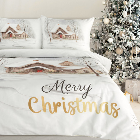 Vianočné obliečky 140x200 cm saténové, biele a svetlohnedé
