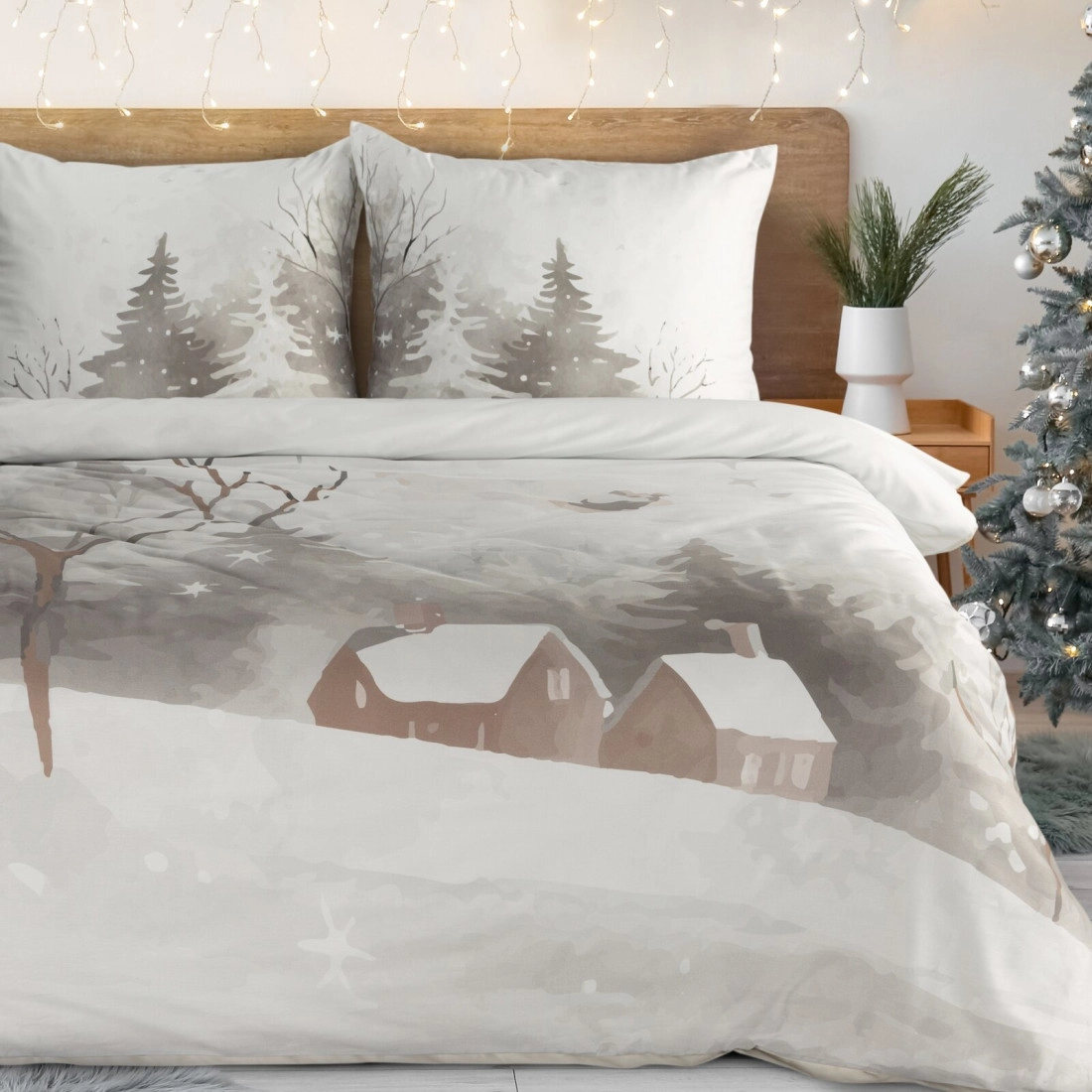 Vianočné obliečky 140x200 cm saténové, biele a svetlohnedé