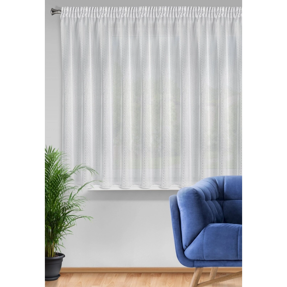 Záclona 300x150 cm biela so striebornou potlačou štvorčekov na riasiacu pásku SIBEL