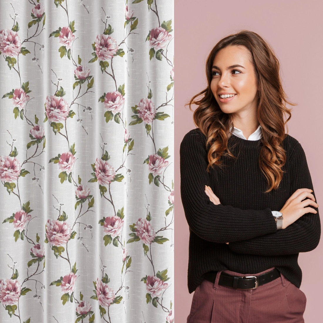 Záves 135x250 cm biely ružový na kovové krúžky RUTH