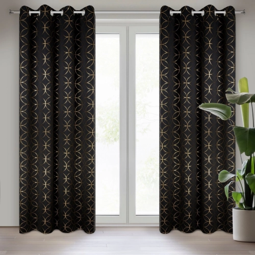 Závěs 135 x 250 cm, polyester, černý se zlatým geometrickým vzorem, na kovových kroužcích ABELLA