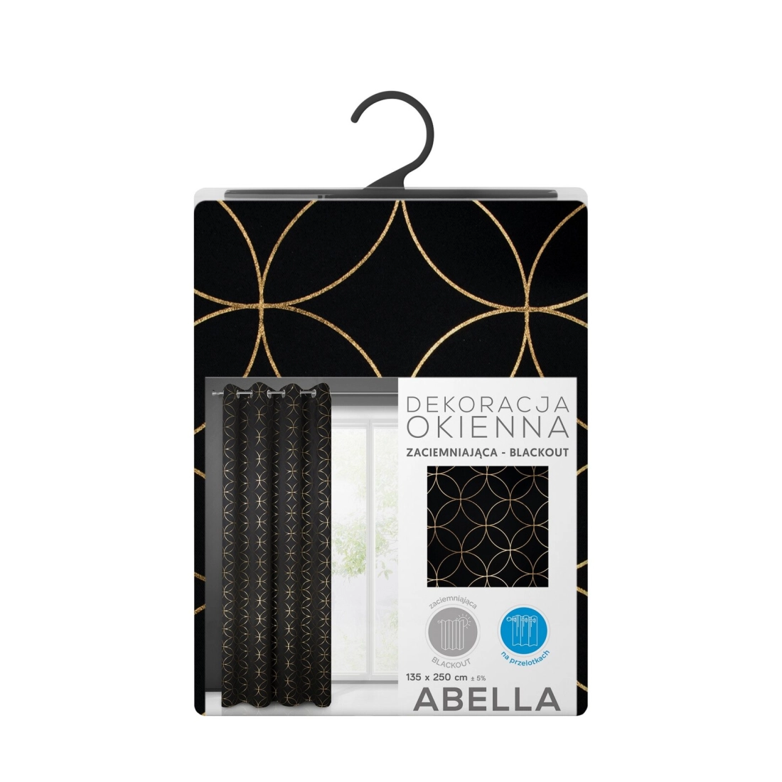Závěs 135 x 250 cm, polyester, černý se zlatým geometrickým vzorem, na kovových kroužcích ABELLA
