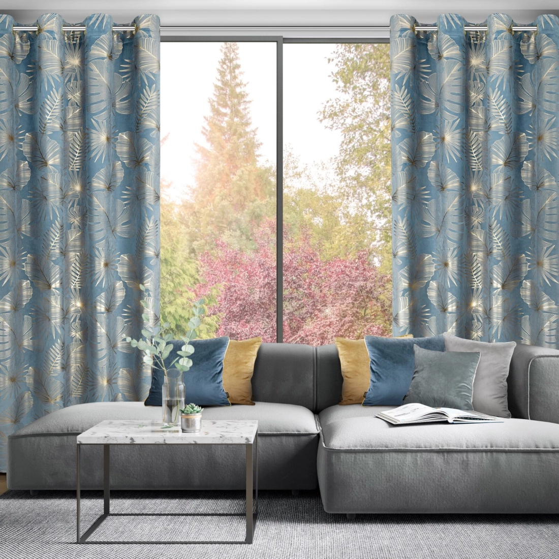 Záves 135x250 cm zamatový modrý a šampanský na kovové krúžky ARIA