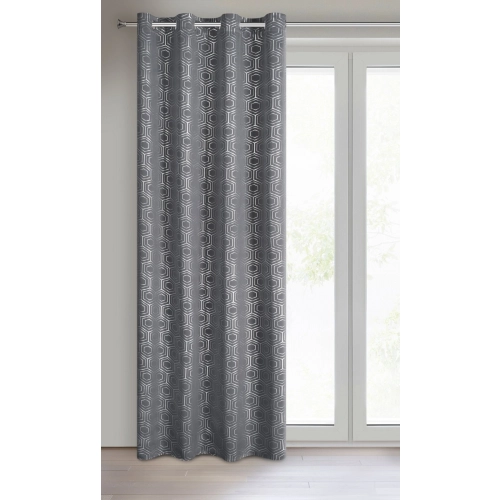 Záves 135x250 cm zatemňovací grafitový so striebornou geometrickou potlačou na kovové krúžky