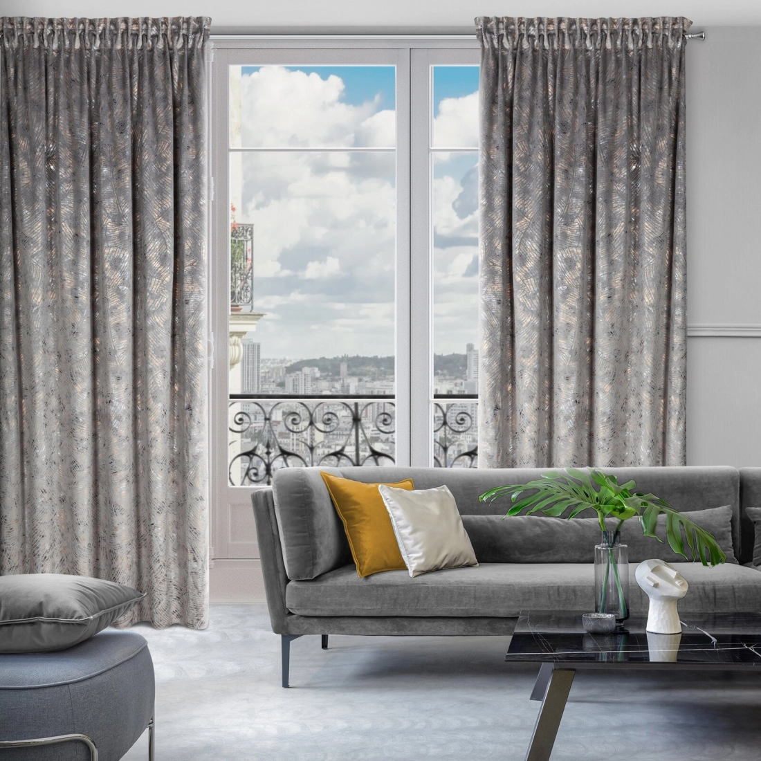 Záves 135x270 cm zamatový oceľový a šampanský na riasiacu pásku TULIA