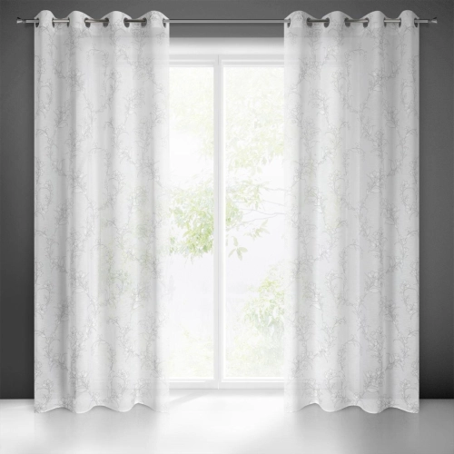 Závěs 140 × 250 cm bílo-šedý, etaminový, s květinovým vzorem, na kovových kroužcích FIORE