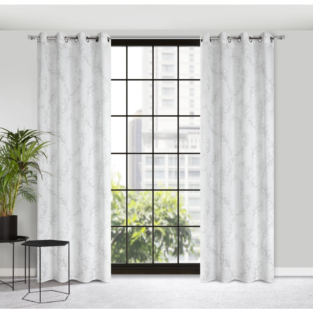 Závěs 140 × 250 cm bílo-šedý, etaminový, s květinovým vzorem, na kovových kroužcích FIORE