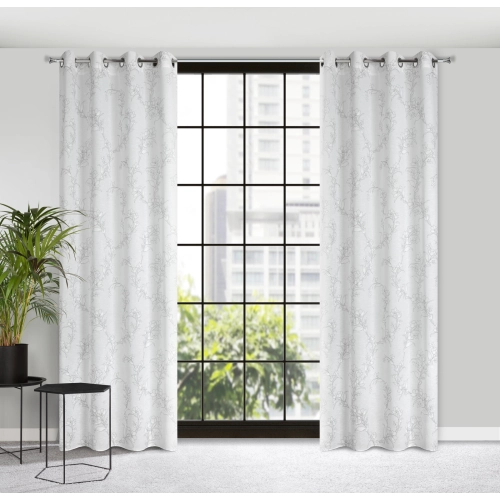 Závěs 140 × 250 cm bílo-šedý, etaminový, s květinovým vzorem, na kovových kroužcích FIORE