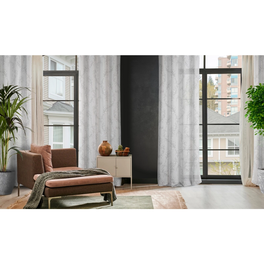 Závěs 140 × 250 cm bílo-šedý, etaminový, s květinovým vzorem, na kovových kroužcích FIORE