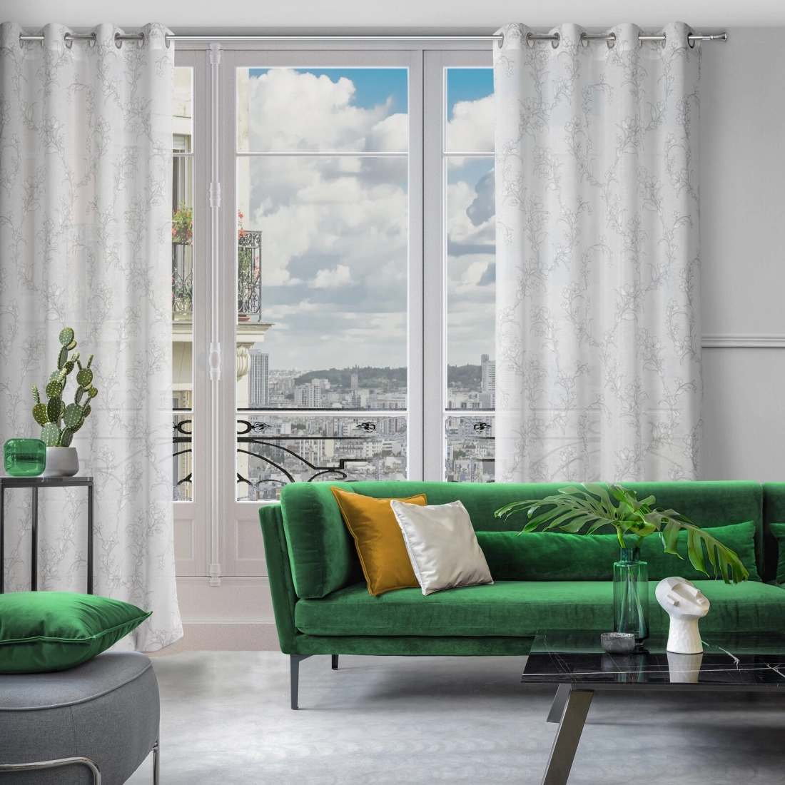 Závěs 140 × 250 cm bílo-šedý, etaminový, s květinovým vzorem, na kovových kroužcích FIORE