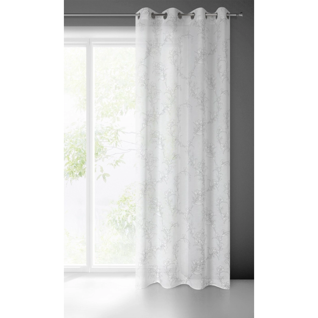 Závěs 140 × 250 cm bílo-šedý, etaminový, s květinovým vzorem, na kovových kroužcích FIORE