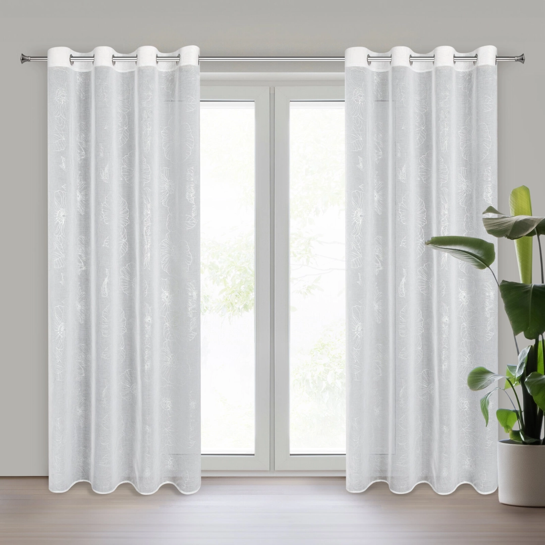 Závěs 140x250 cm bílo-stříbrný s květinovým motivem na kovové kroužky SAGI