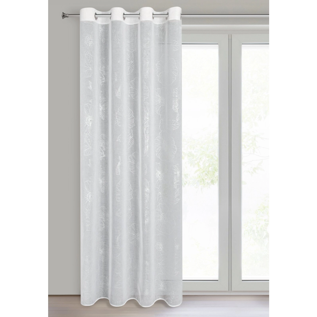 Závěs 140x250 cm bílo-stříbrný s květinovým motivem na kovové kroužky SAGI