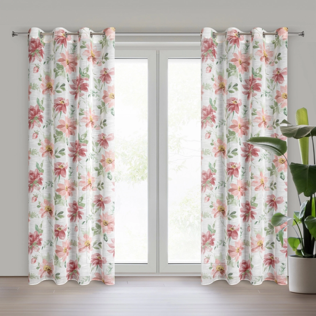 Závěs 140x250 cm bílý tmavě růžový na kovové kroužky DEBI