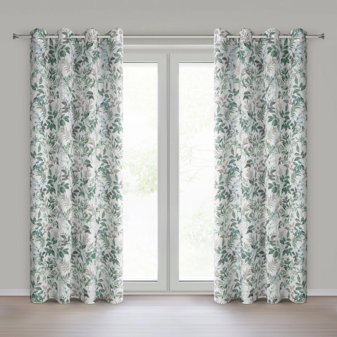 Záves 140x250 cm bielo-zelený s motívom listov na kovové krúžky AMANDA