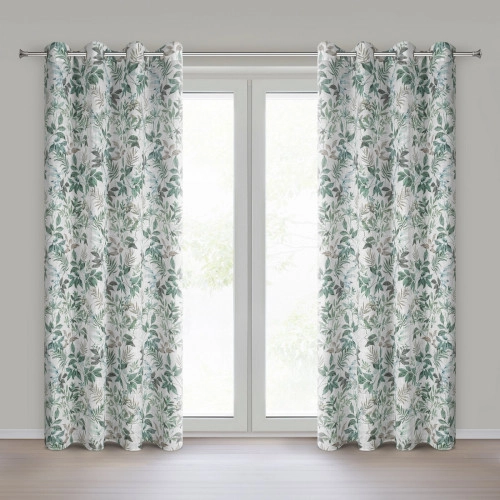 Záves 140x250 cm bielo-zelený s motívom listov na kovové krúžky AMANDA