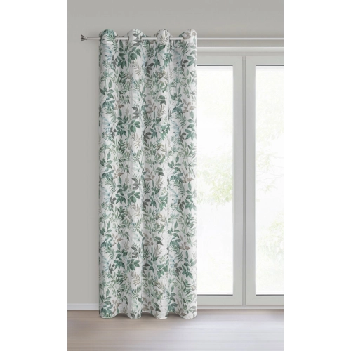 Záves 140x250 cm bielo-zelený s motívom listov na kovové krúžky AMANDA