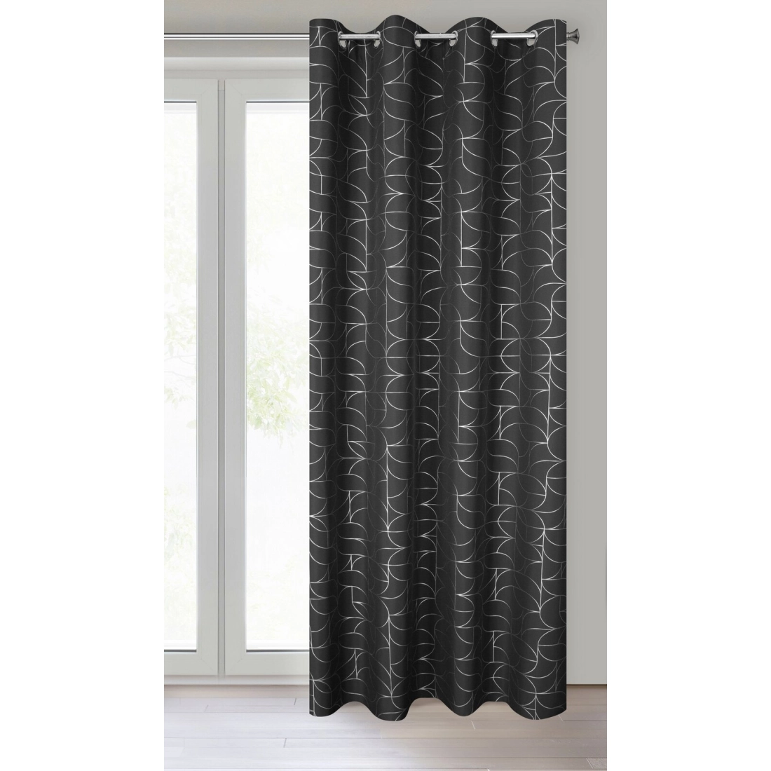 Záves 140x250 cm čierny so striebornou geometrickou potlačou na kovové krúžky EVI