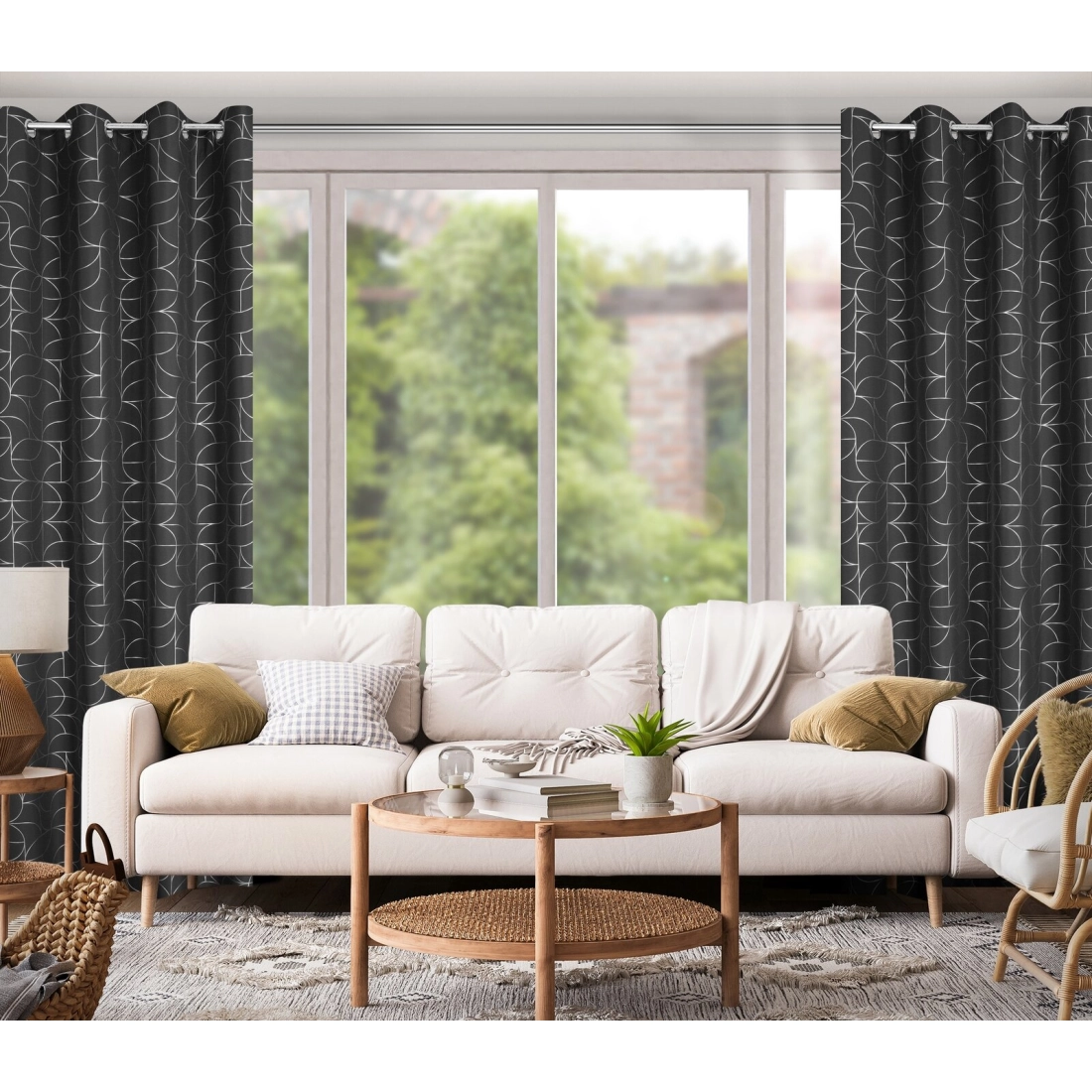 Záves 140x250 cm čierny so striebornou geometrickou potlačou na kovové krúžky EVI