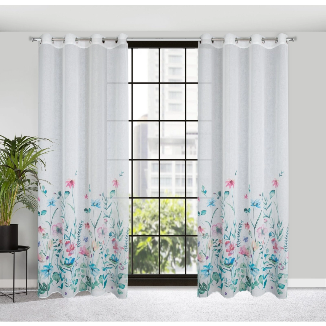 Záves 140x250 cm etamínový bielo modrý s potlačou kvetov na kovové krúžky LILIAN