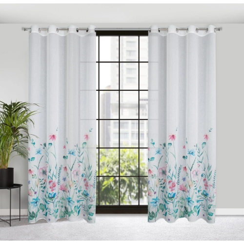 Záves 140x250 cm etamínový bielo modrý s potlačou kvetov na kovové krúžky LILIAN