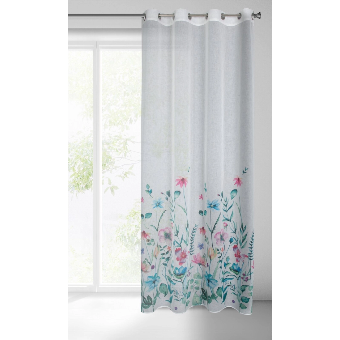 Záves 140x250 cm etamínový bielo modrý s potlačou kvetov na kovové krúžky LILIAN