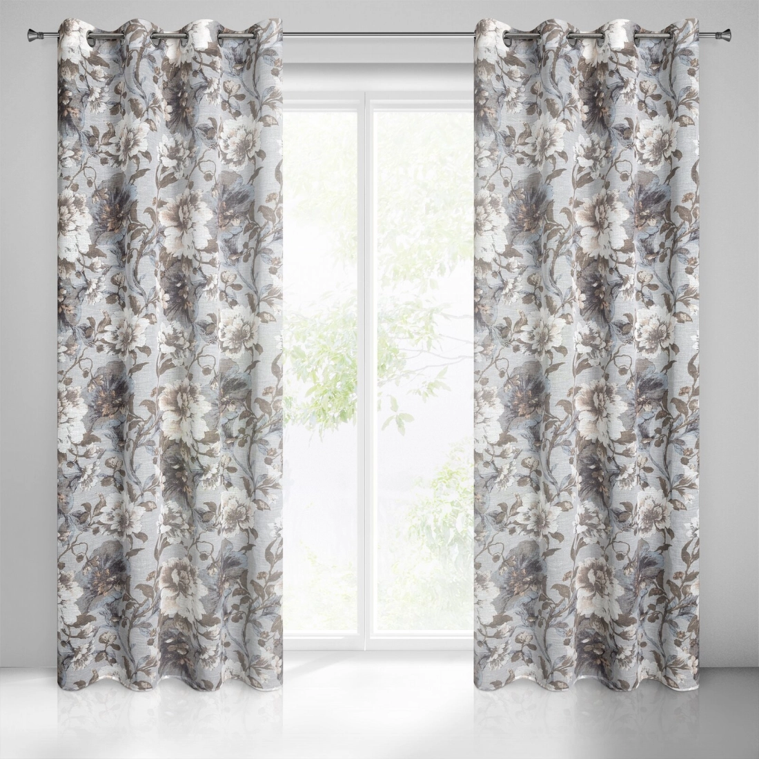 Závěs 140 x 250 cm etaminový popelavě šedý, bílý na kovových kroužcích SANDRA