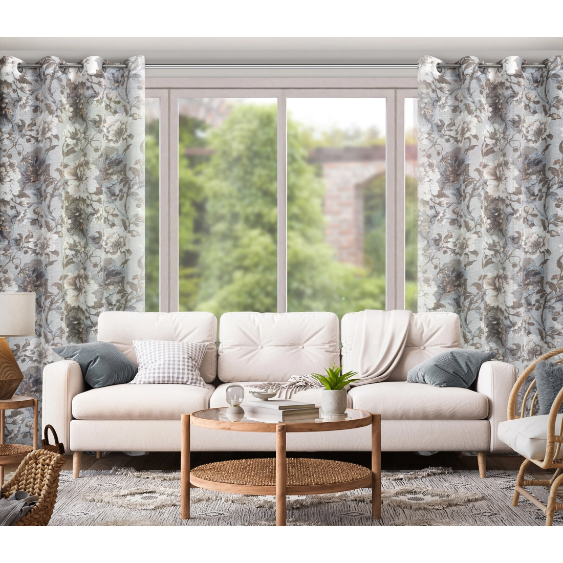 Závěs 140 x 250 cm etaminový popelavě šedý, bílý na kovových kroužcích SANDRA