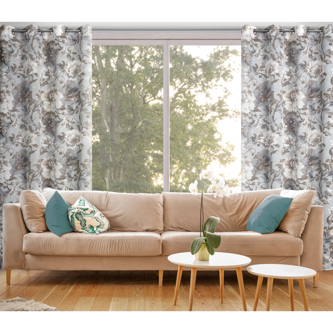 Závěs 140 x 250 cm etaminový popelavě šedý, bílý na kovových kroužcích SANDRA