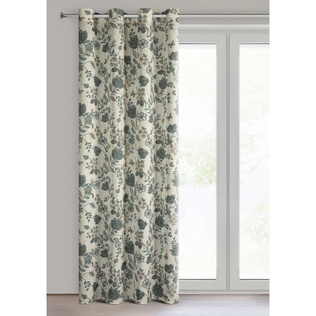 Záves 140x250 cm ľanový prírodný s modrým rastlinným vzorom na kovové krúžky TALI