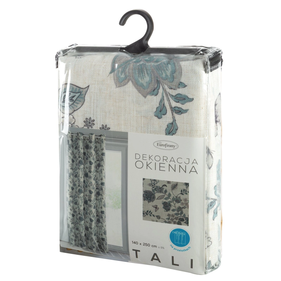 Záves 140x250 cm ľanový prírodný s modrým rastlinným vzorom na kovové krúžky TALI