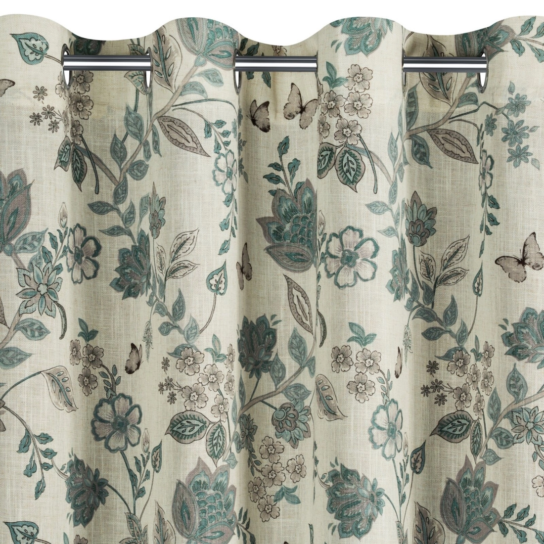 Záves 140x250 cm ľanový prírodný s modrým rastlinným vzorom na kovové krúžky TALI